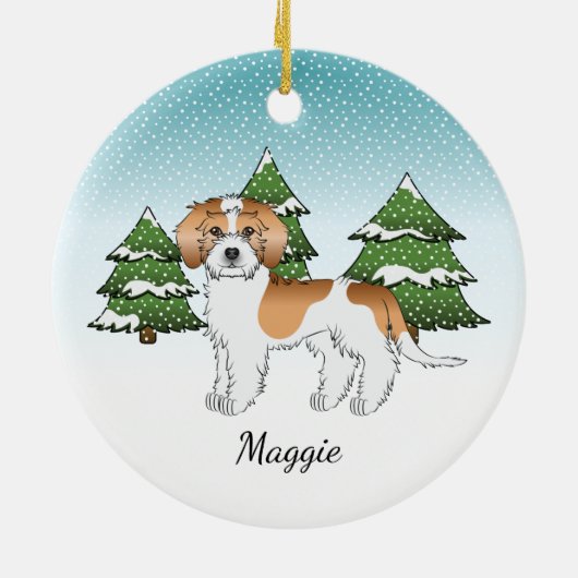 Apricot & White Mini Goldendoodle Winterwald Keramik Ornament (Hinten)