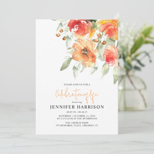 Aprikose-Blumenfeier zur Beerdigung des Lebens Einladung (Stehend Vorderseite)