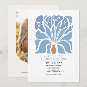 Aprikose & Himmelblau Abstrakte Florale Boho-Hochz Einladung