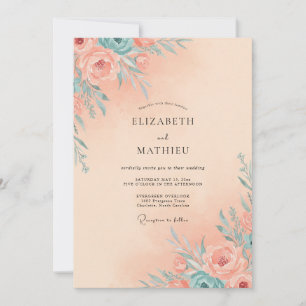 Aprikosen-Teal-Reben-Hochzeit Einladung