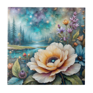 Aprikosen- und Blaue Cosmos-Fluss-Wald-Landschaft Fliese