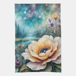 Aprikosen- und Blaue Cosmos-Fluss-Wald-Landschaft Geschirrtuch