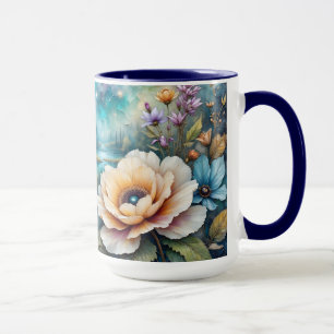 Aprikosen- und Blaue Cosmos-Fluss-Wald-Landschaft Tasse