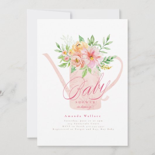 April Blume Watering Can Baby Dusche Einladung (Vorderseite)