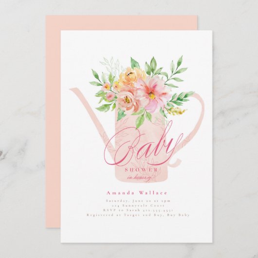 April Blume Watering Can Baby Dusche Einladung (Vorne/Hinten)