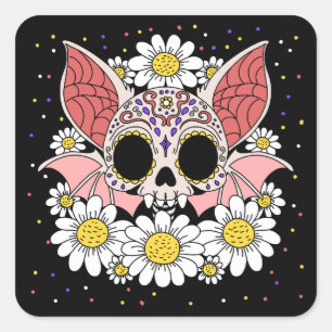 April: Daisies & Bat Skull Quadratischer Aufkleber