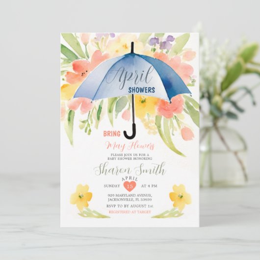 April Duschen bringen Mai Blume Blauer Schirm Einladung (Stehend Vorderseite)