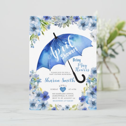 April Duschen bringen Mai Blume Blauer Schirm Einladung (Stehend Vorderseite)