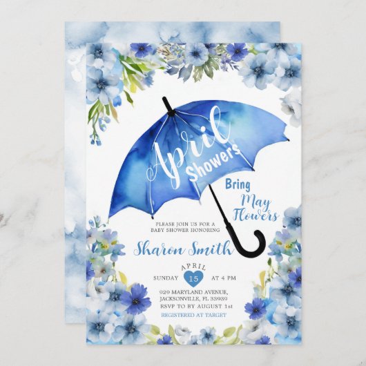 April Duschen bringen Mai Blume Blauer Schirm Einladung (Vorne/Hinten)