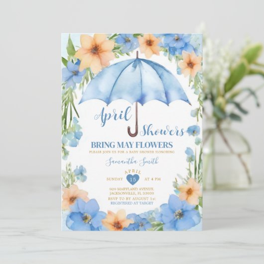 April Duschen bringen Mai Blume Blauer Schirm Einladung (Stehend Vorderseite)