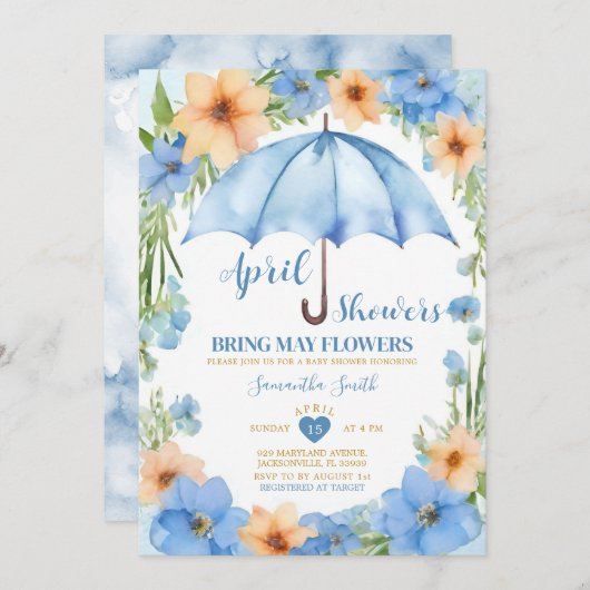 April Duschen bringen Mai Blume Blauer Schirm Einladung (Vorne/Hinten)
