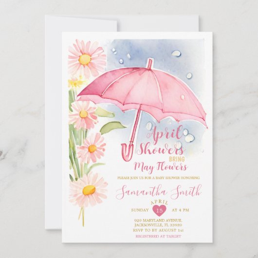 April Duschen bringen Mai Blume rosa Schirm Einladung (Vorderseite)
