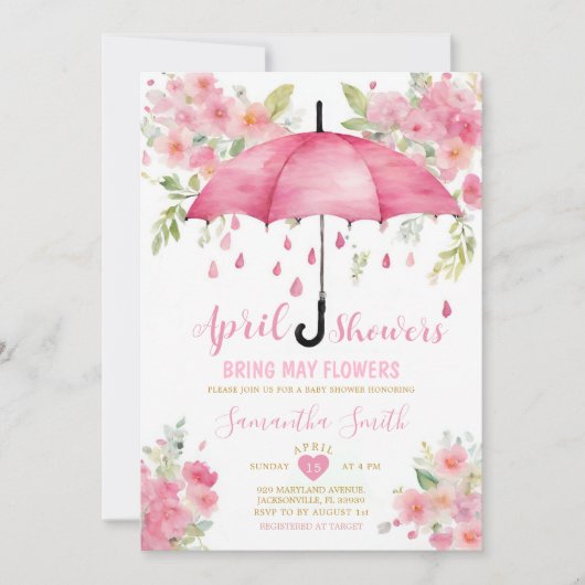 April Duschen bringen Mai Blume rosa Schirm Einladung (Vorderseite)
