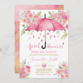 April Duschen bringen Mai Blume rosa Schirm Einladung (Vorne/Hinten)
