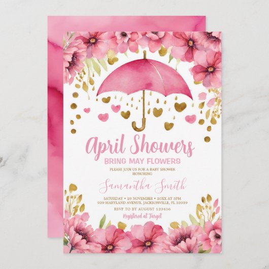April Duschen bringen Mai Blume rosa Schirm Einladung (Vorne/Hinten)