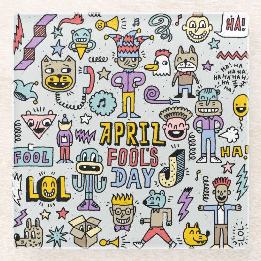April Narren: farbiges Doodle-Set. Glasuntersetzer (Vorderseite)