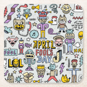 April Narren: farbiges Doodle-Set. Rechteckiger Pappuntersetzer