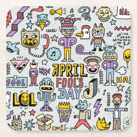 April Narren: farbiges Doodle-Set. Rechteckiger Pappuntersetzer (Vorderseite)