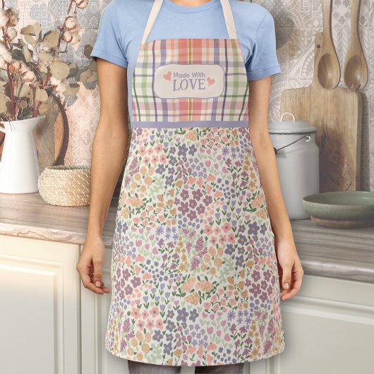 Apron 'Made with Love' – Pastell-Karo & Blüten Schürze