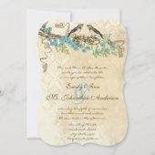 Aqau & Navy Cherry Blossom Vintage Vogelhochzeiten Einladung (Vorderseite)