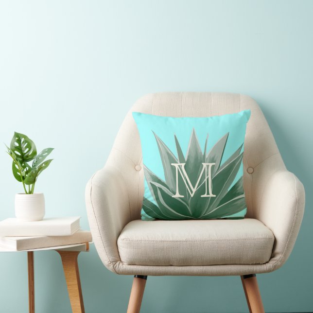 Aqua Aloe Succulent Ivory Monogram Modern Kissen (Stuhl )