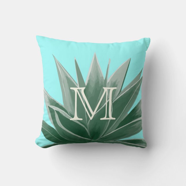 Aqua Aloe Succulent Ivory Monogram Modern Kissen (Vorderseite)