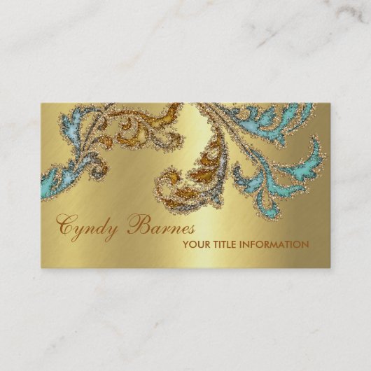 Aqua and Bronze Glittery Damask Design Visitenkarte (Vorderseite)