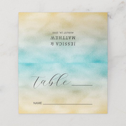 Aqua and Gold Ombre Foil Platzkarte (Außenseite Aufgefaltet)