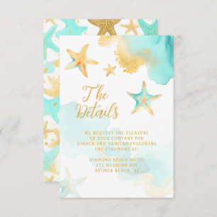 Aqua and Gold Water color Beachy Starfish Wedding Begleitkarte