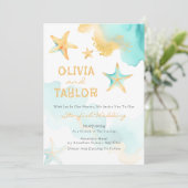 Aqua and Gold Water color Beachy Starfish Wedding Einladung (Stehend Vorderseite)