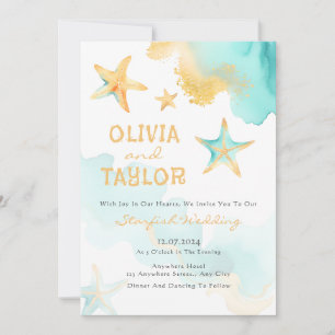 Aqua and Gold Water color Beachy Starfish Wedding Einladung
