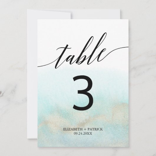 Aqua and Gold Watercolor Beach 12x18" Tischnummer (Rückseite)