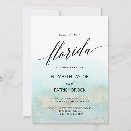 Aqua and Gold Watercolor Beach Florida Wedding Einladung (Vorderseite)