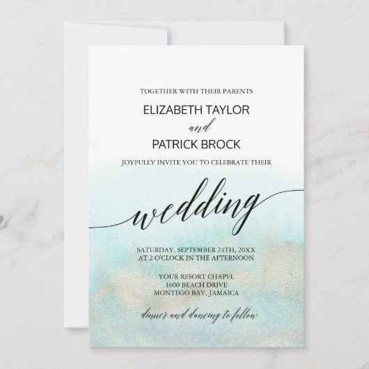 Aqua and Gold Watercolor Beach Hochzeit Einladung (Vorderseite)