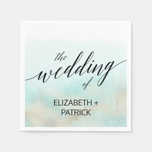 Aqua and Gold Watercolor Beach Hochzeit Serviette (Vorderseite)