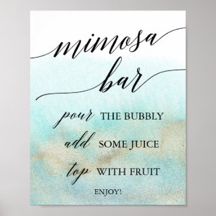Aqua and Gold Watercolor Beach Mimosa Bar Sign Poster
