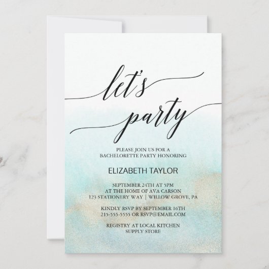 Aqua and Gold Watercolor Beach Party Einladung (Vorderseite)