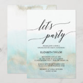 Aqua and Gold Watercolor Beach Party Einladung (Vorne/Hinten)
