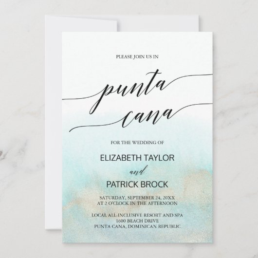 Aqua and Gold Watercolor Beach Punta Cana Wedding Einladung (Vorderseite)