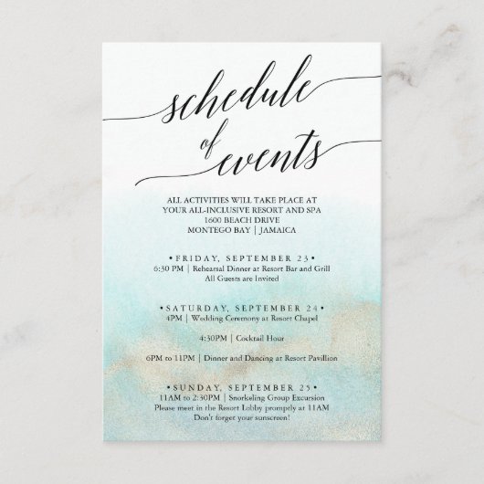 Aqua and Gold Wedding Weekend Veranstaltungskalend Begleitkarte (Vorderseite)