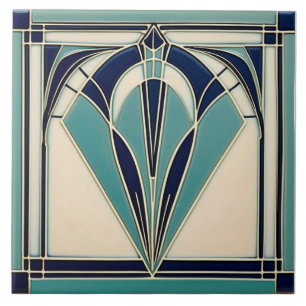 Aqua and Navy Blue Art Deco Keramik Fliese
