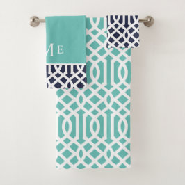 Aqua and Navy Trellis Monogram Badhandtuch Set