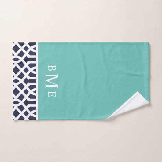 Aqua and Navy Trellis Monogram Badhandtuch Set (Handtuch)
