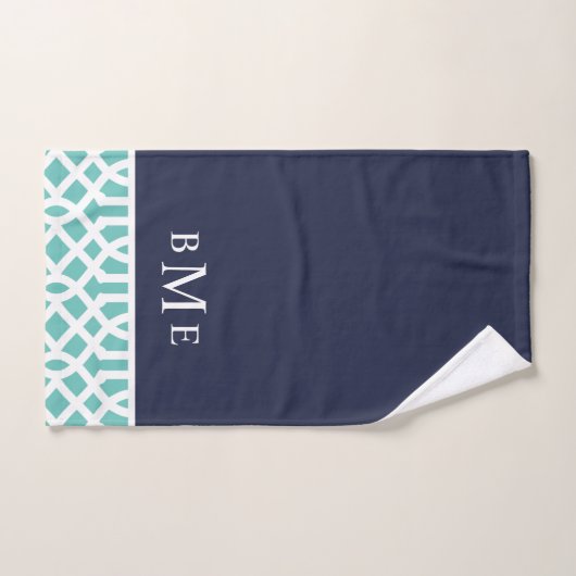 Aqua and Navy Trellis Monogram Badhandtuch Set (Handtuch)