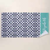 Aqua and Navy Trellis Monogram Strandtuch (Vorderseite)