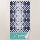 Aqua and Navy Trellis Monogram Strandtuch (Vorderseite)