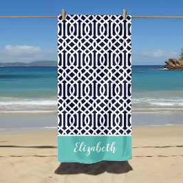 Aqua and Navy Trellis Monogram Strandtuch