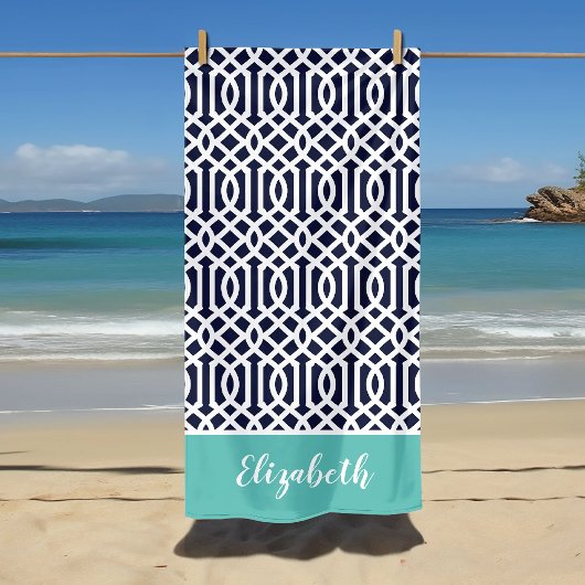 Aqua and Navy Trellis Monogram Strandtuch