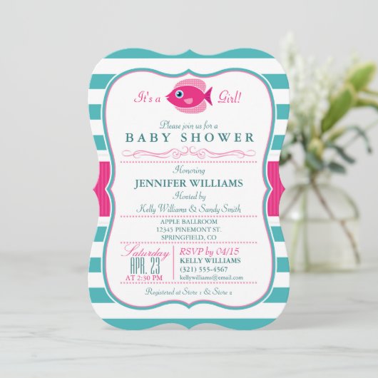 Aqua and Pink Fish Baby Shower Einladung (Stehend Vorderseite)