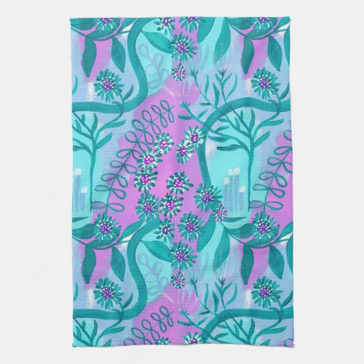 Aqua and Pink Whimsical Magic Garden Geschirrtuch (Vertikal)